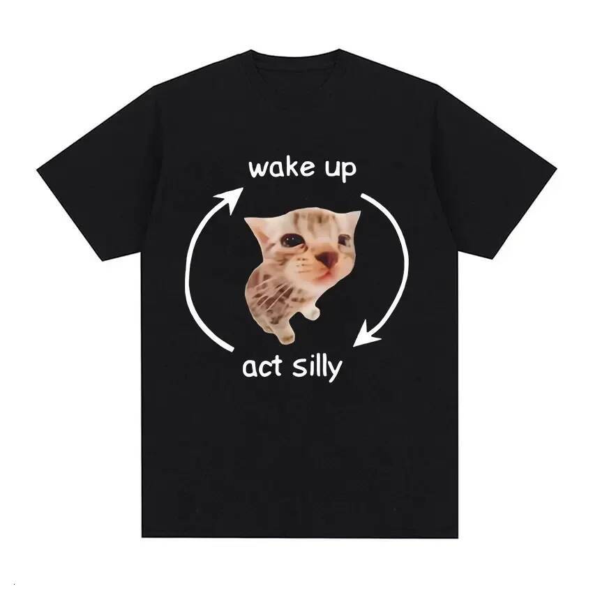 2025 Summer design New Women's Tank Top Wake Up Act Meme Pattern T-shirt Fun and Cute Cat Printed Short Sleeve T-shirt Men's and Women'