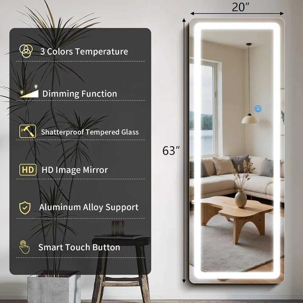 LED Full Length Mirror 63x20 Floor Mirror with Rounded Corners Dimmable Lights - 3 Color Modes Full Body Mirror Stand H250813