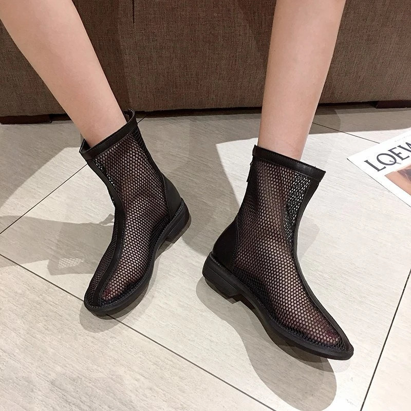 Fashionable Cool Boots Summer Round Head Mesh Cloth Breathable Soft Sole Anti-slip Wear-resistant Short Flat Boots 250812