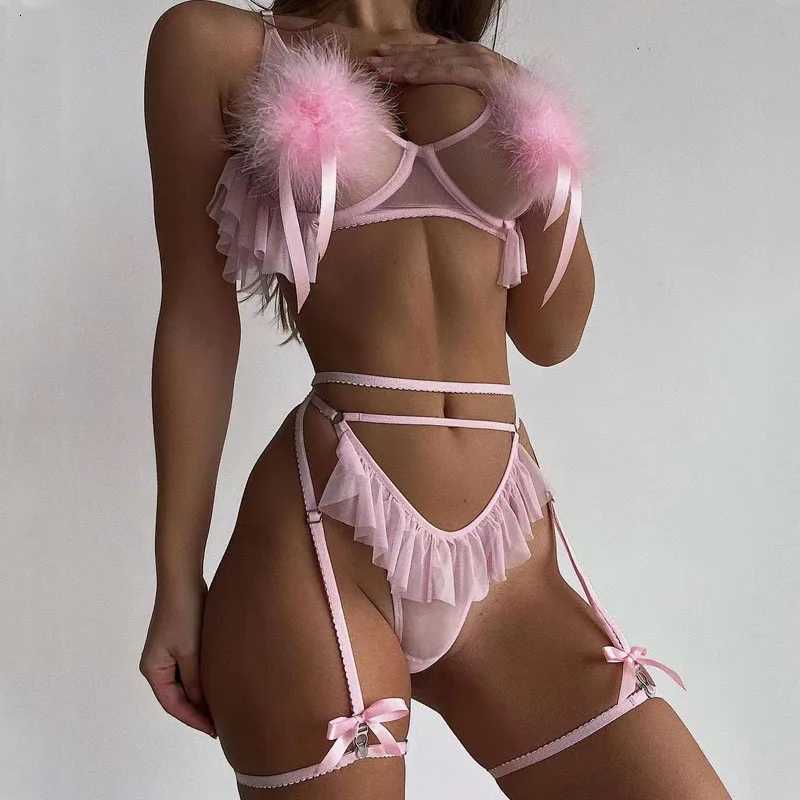 MUZISKAT Puberty Sexy Underwear Women Bra Set Fashion Exotic with Chains Luxury Lingerie Tulle 5 Piece Lingerie Set with GarterXJ250812