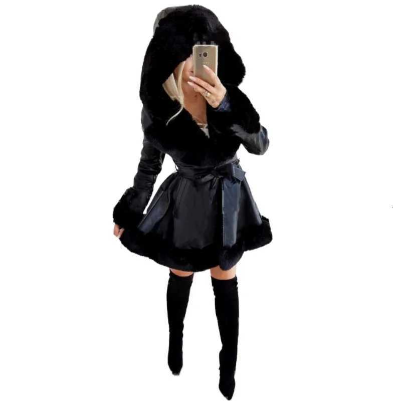 2025 British Imitation Fur Patchwork Jacket Womens Coat 2025 Winter Warmth Hooded Jacket Waist Cinching Trendy Coats Z250813