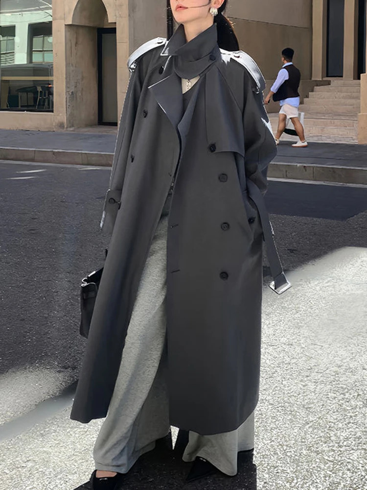 YERMORA Fashion er Long Trench Coat Women Lapel Double Breasted Belt Gathered Waist Windbreaker Autumn Winter 250811