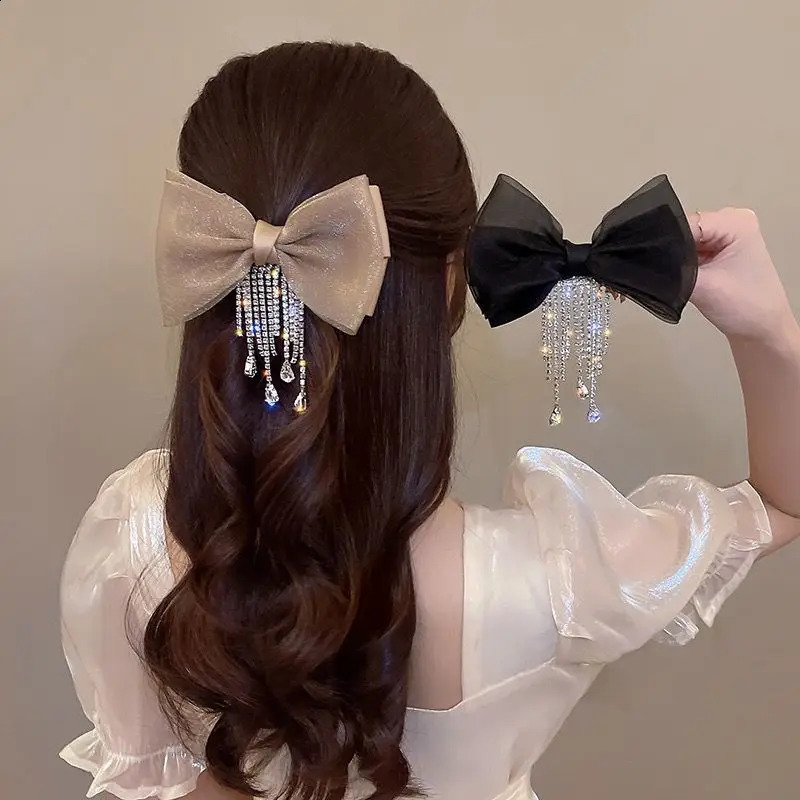 Bow Rhinestone Tassel Hair Clips Barrettes Hairpins For Women Autumn Ponytail Clips Girls Hair Accessories Bling Headwear 250812
