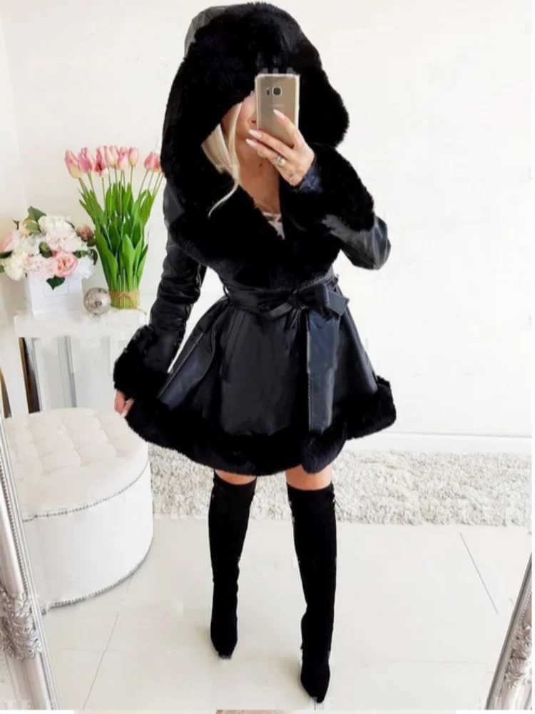 2025 British Imitation Fur Patchwork Jacket Womens Coat 2025 Winter Warmth Hooded Jacket Waist Cinching Trendy Coats Z250813