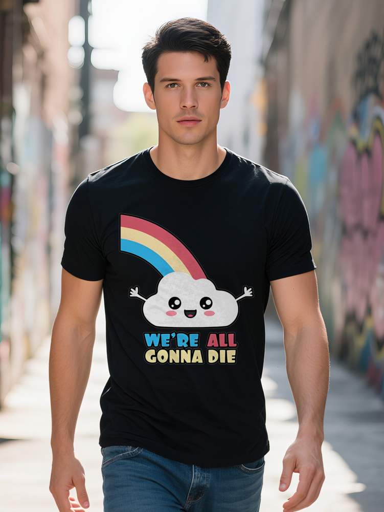 Men s Casual Graphic T Shirt with Cartoon Cloud Rainbow Print WE RE ALL GONNA DIE Slogan Black Round Neck Summer 0e25a