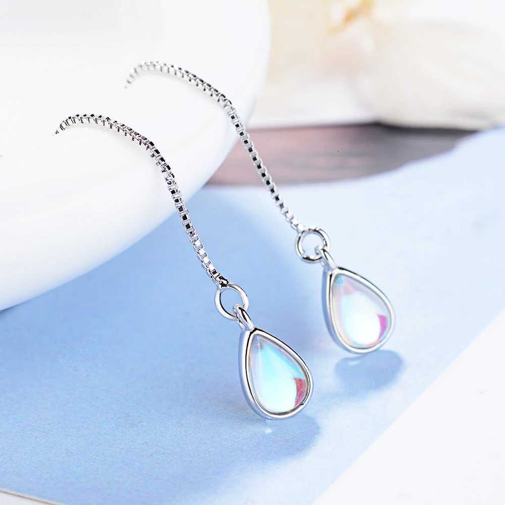 Elegant Teardrop Moonstone Dangle Long Chain Threader Earrings for Women Girl Y250812