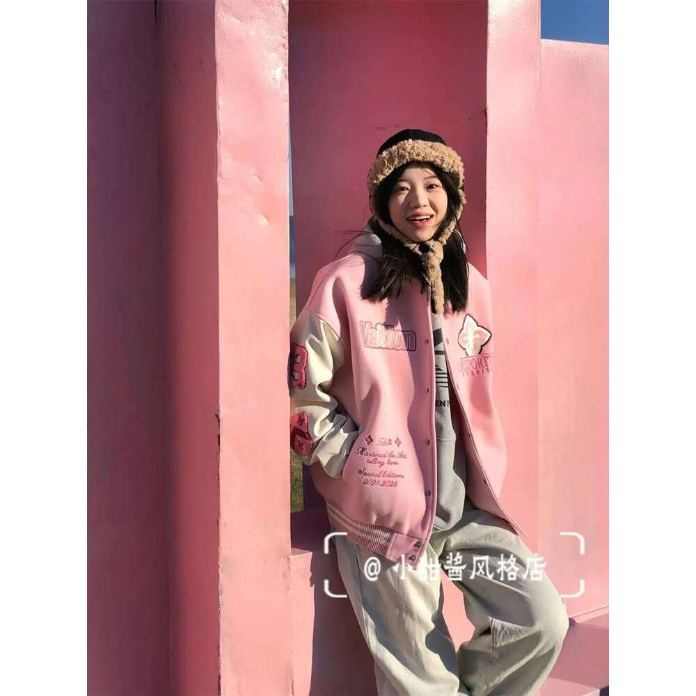 2025 Girly Korean Academy pink baseball uniform for women INS spring sweet girl splicing embroidery trendy jacket