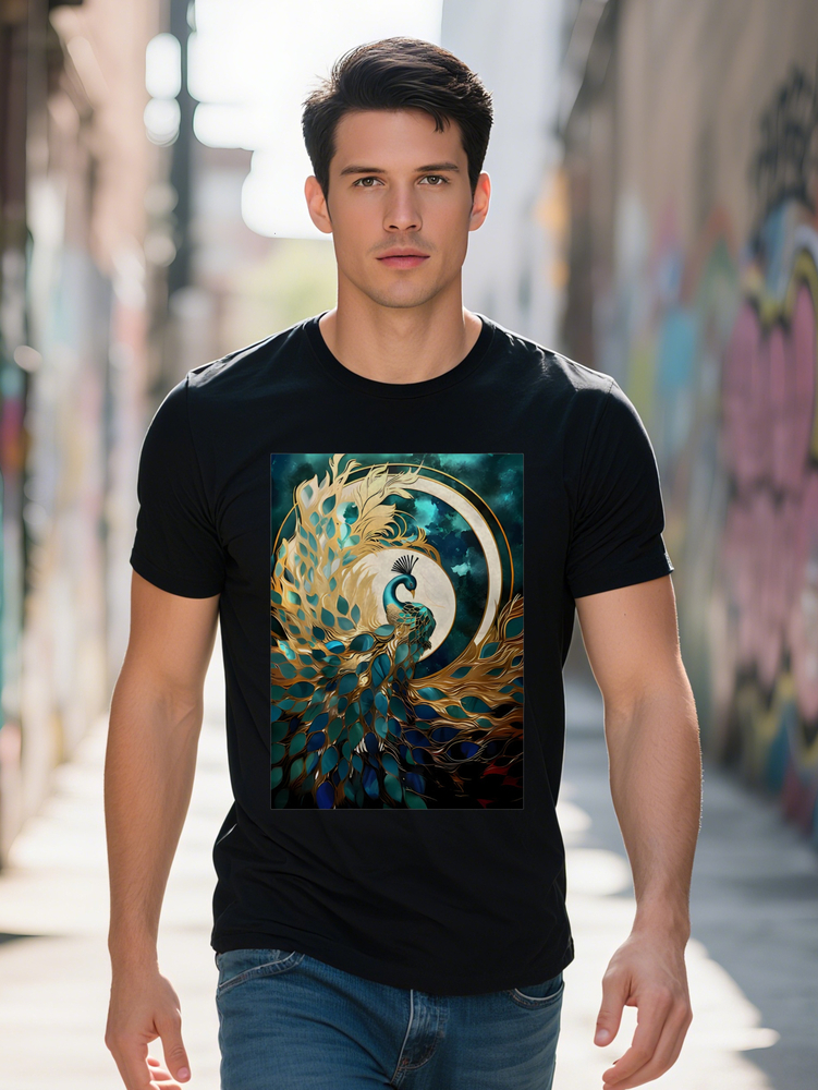 S Pea Feather T-Shirt Blue and Golden Round Neck Short Sleeve Summer Style Perfect Gift for Men Casual Attire