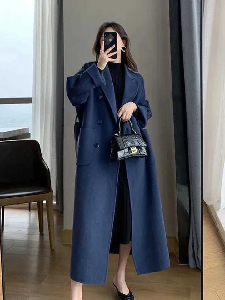 3 Fashion Long Wool Coat Women Elegant Faux Wool Casual Belt Long Jacket Winter Office Lady Double Breasted Simple Outwear Z250813