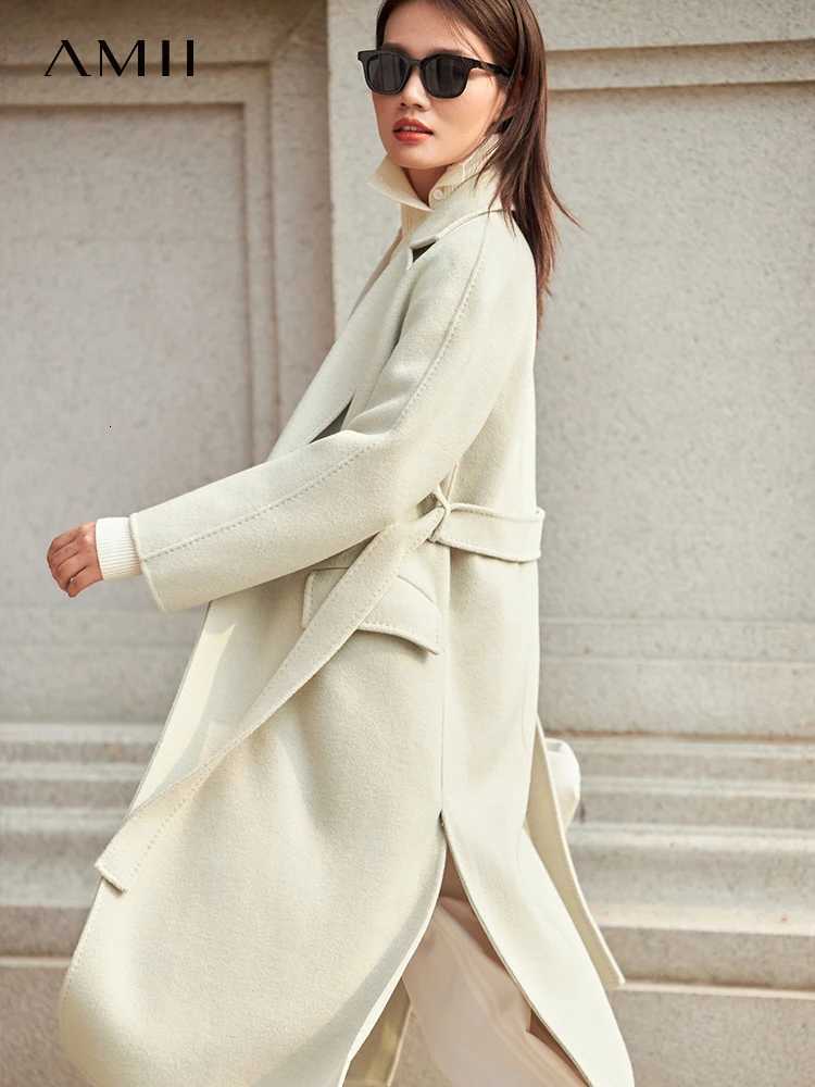 Amii Minimalism Winter Woolen Coat Women Elegant 100% Wool Double-sided Long Jacket with Sashes New Overcoat Female Jackets 12170570 Z250813