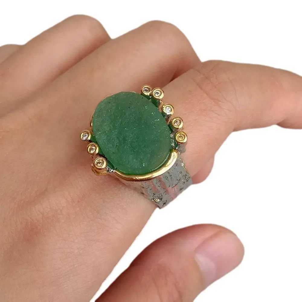 18x20mm Natural Green Fluorite Rough Real Stone Ring Gold Plated Adjustable Rings W250812