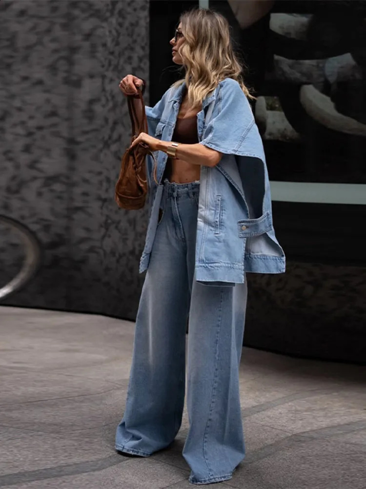 Womens Oversized Denim Two Piece Set Trendy Loose Fit Jacket Matching High Waist Wide Leg Baggy Jeans Chic Streetwear Outfits 250806