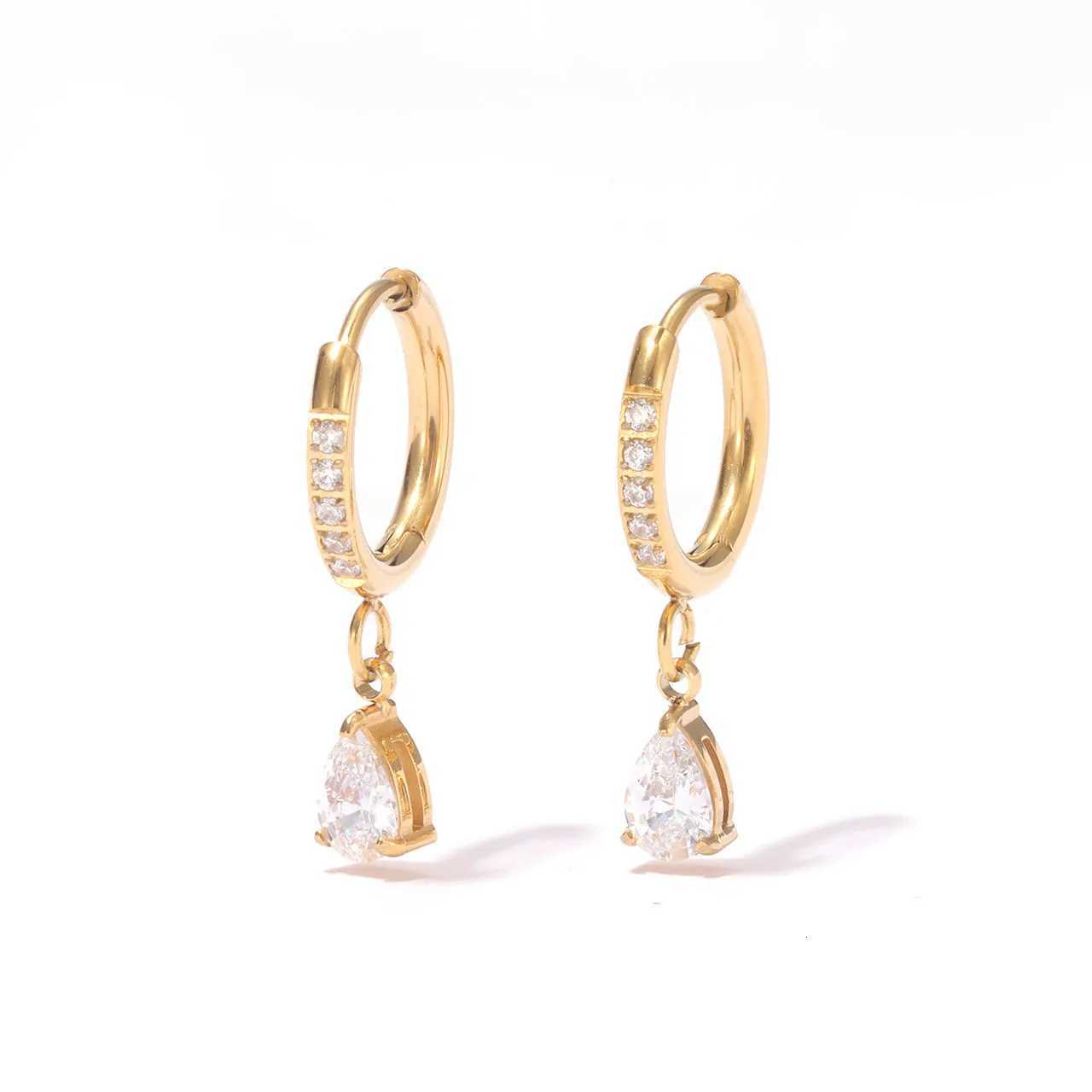 Delicate Shiny Inlaid Zircon Water Droplets Stud Earrings 18K Golden Plated Stainless Steel High Quality Waterproof Jewelry Y250812