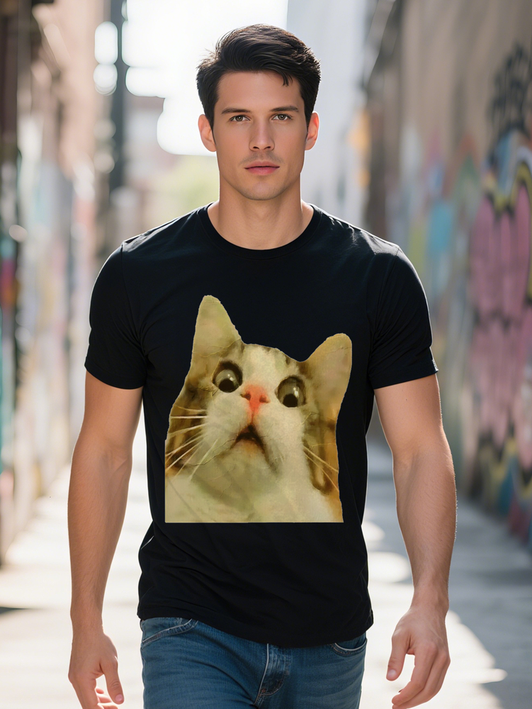 Men's Casual Round Neck T-Shirt with Vibrant Cat Print Lightweight Black Summer Gift for Men 00c22