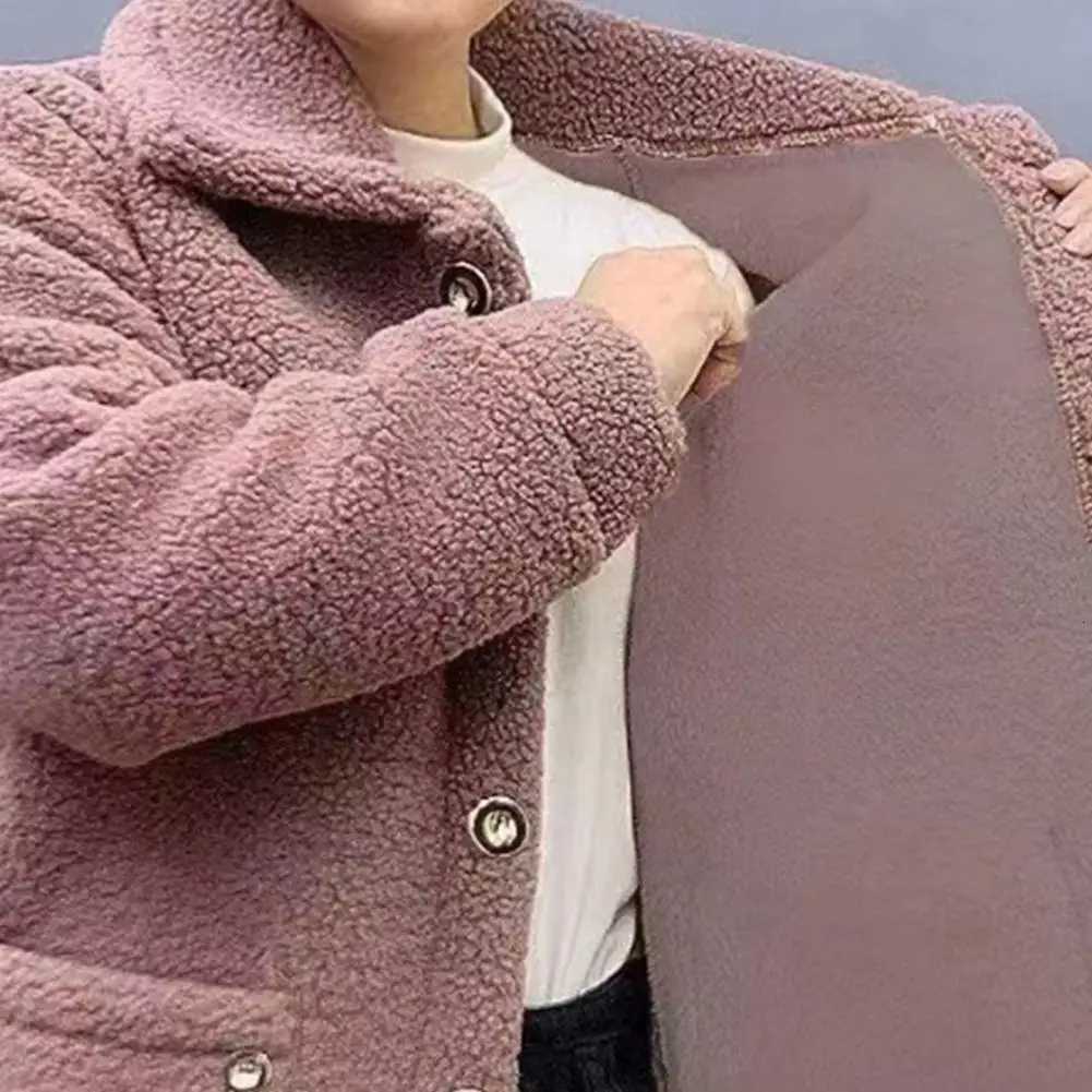 Winter Fleece Coat Single-breasted With Side Pockets Turn-down Collar Coat Coldproof Solid Color Long Sleeves Outwear Jacket Z250813
