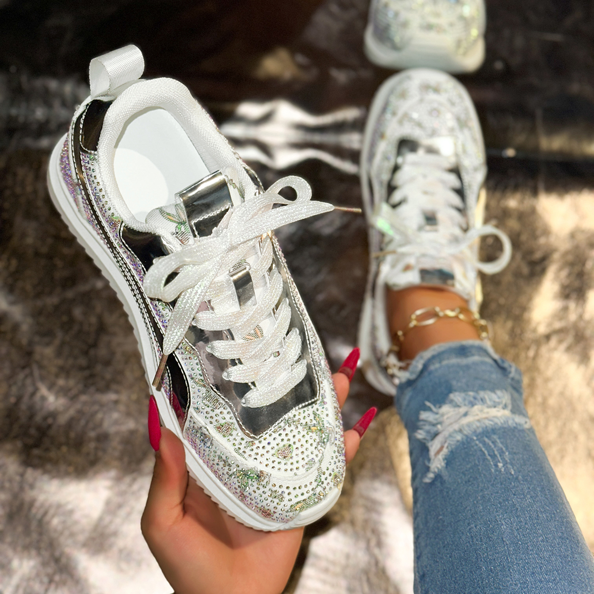 New 2025 Women's 4.5cm Thick Bottom Casual Shoes Crystal White Luxury Shining Sports Shoes Trendy Anti Slip Flat Casual Shoes Fashion Tennis Shoe
