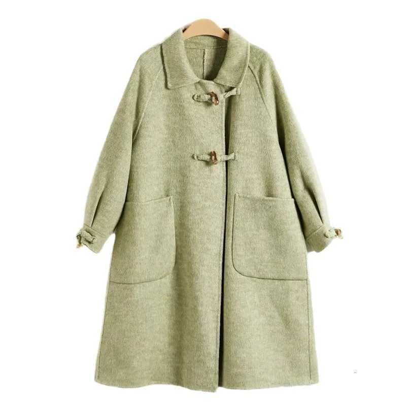 Double Cashmere Coat Womens Extended Horn Button Woolen Coat Z250813