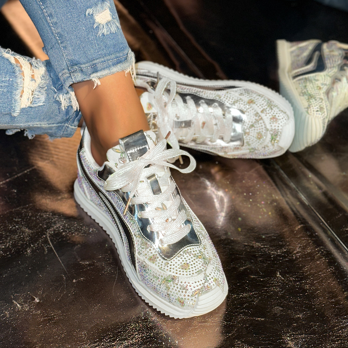 New 2025 Women's 4.5cm Thick Bottom Casual Shoes Crystal White Luxury Shining Sports Shoes Trendy Anti Slip Flat Casual Shoes Fashion Tennis Shoe