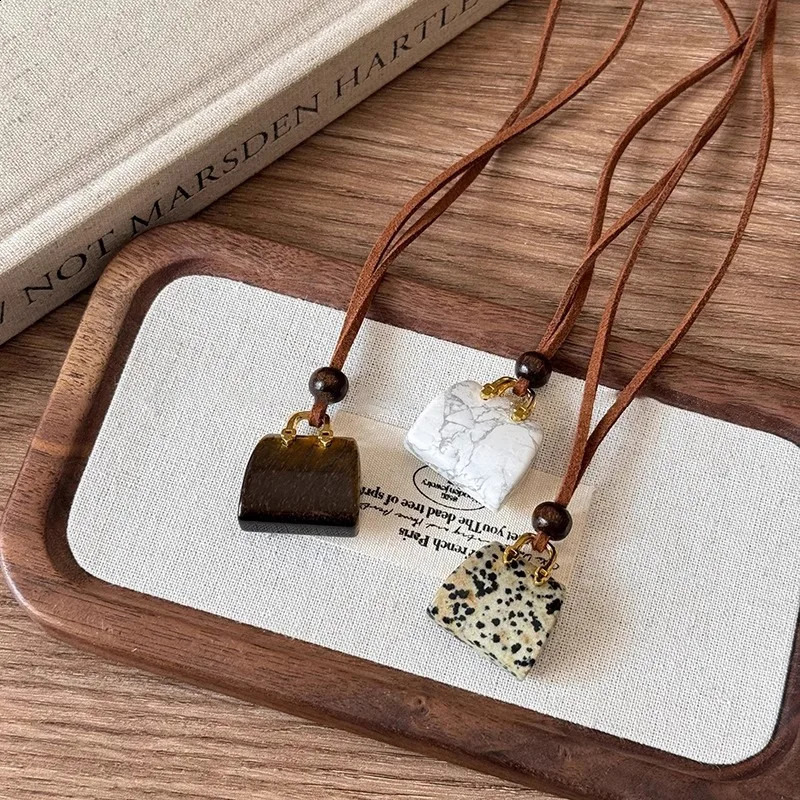 Vintage Cute Small Stone Bag Pendant Long Necklace for Women Korean Velvet Sweater Chain Jewelry Versatile Hanging Accessory 250811