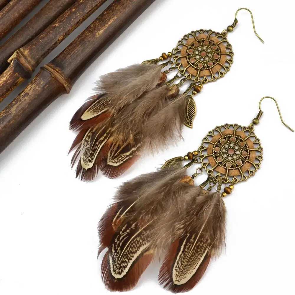 Fashion Long Tassel Brown Feather Bride Wedding Earrings Bohemian Vintage Wooden Beads Dangle Earrings For Women Indian Jewelry Y250812