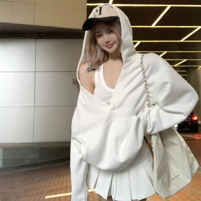 Casual Hooded Pullover Top Women Y2K V-neck Hoodies Solid Harajuku Long Sleeve Hoodie Oversized Tops Female Loose Clothing 250811