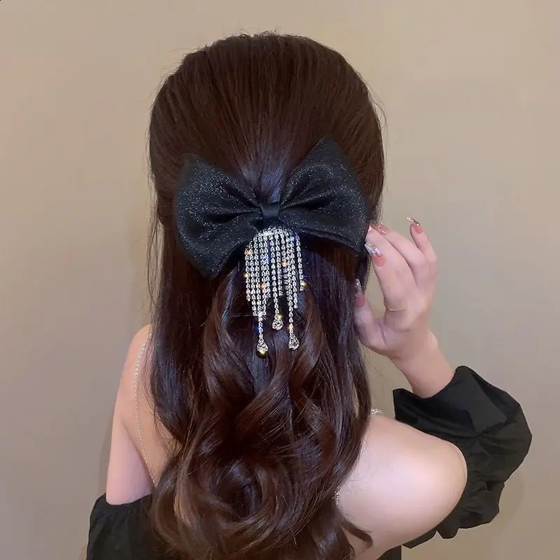 Bow Rhinestone Tassel Hair Clips Barrettes Hairpins For Women Autumn Ponytail Clips Girls Hair Accessories Bling Headwear 250812