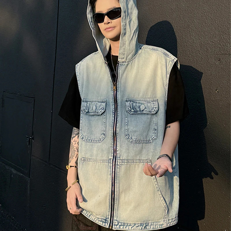 Men Sleeveless Denim Vest Summer Japanese Zipper Casual Loose Hooded Tops Fashion Versatile Black Handsome Pockets Coat 250805