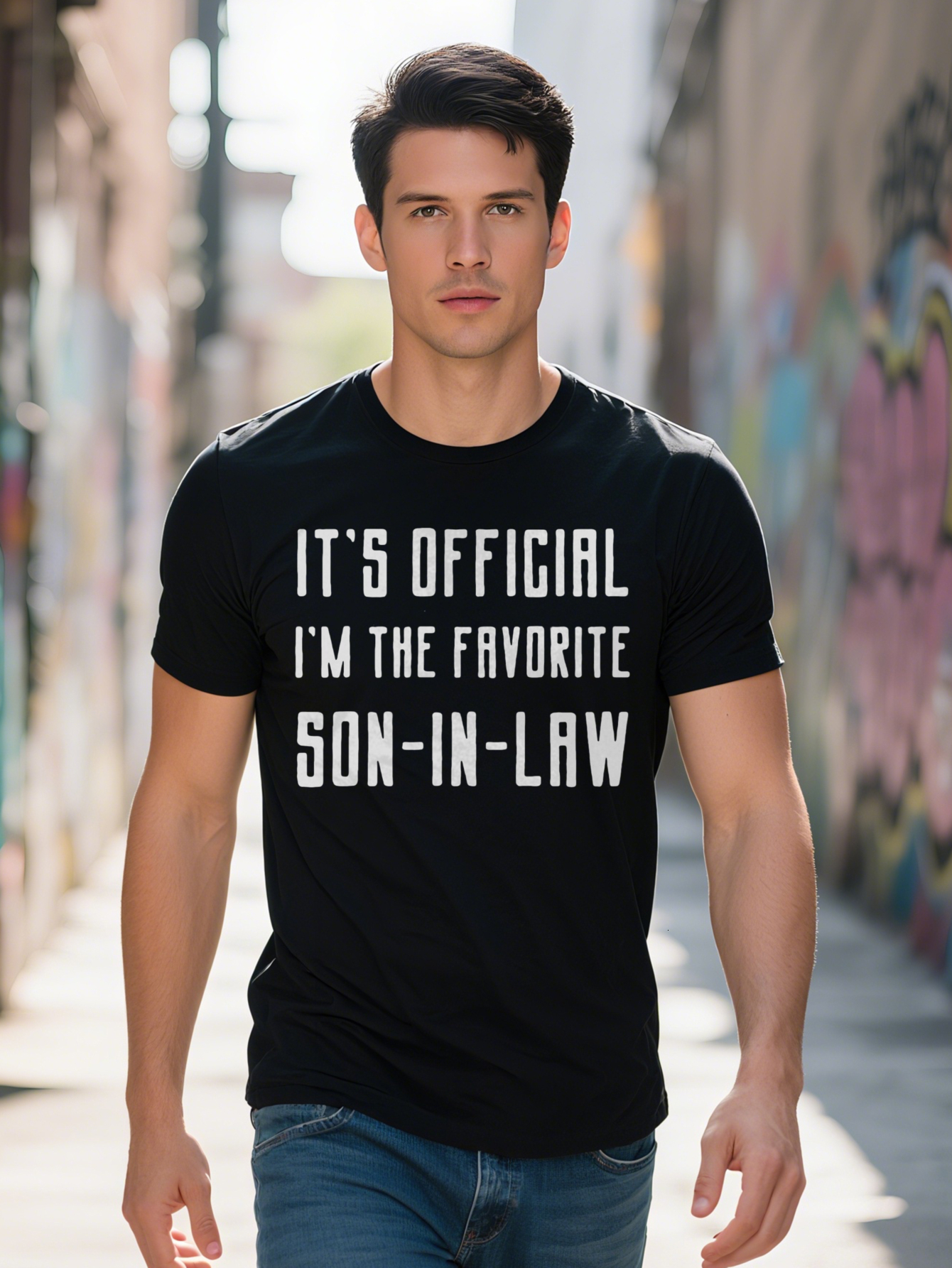 Men S Casual Crew Neck T-Shirt with Favorite Son-in-Law D Print Black Funny Heartfelt Message Lightweight Fabric