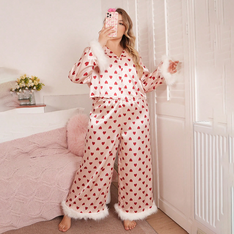 2025 New Women's Plus Size Spring and Autumn Silk Satin Heart Print Long Sleeve Long Pants Pajama Set Homewear