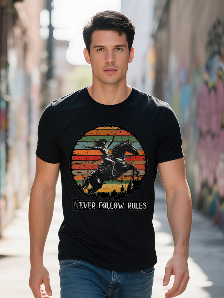 Men S Casual Crew Neck T-Shirt with Never Follow Rules Cowboy Print Lightweight Regular Fit Summer Style Perfect 551d5