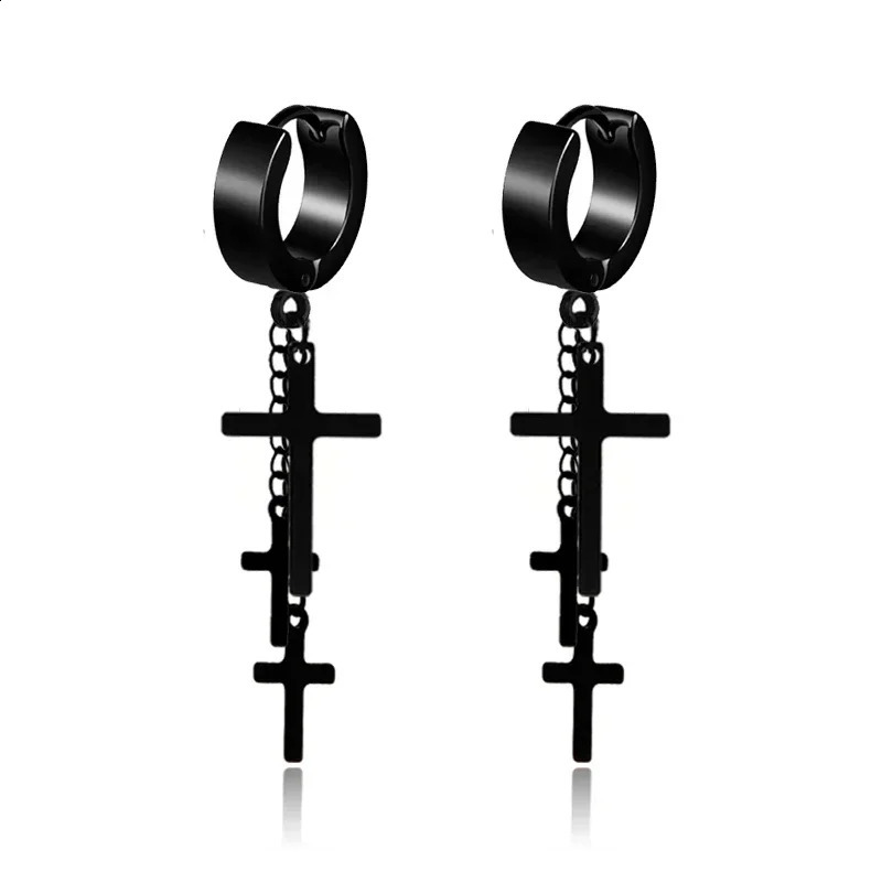 Punk Black Cross Stainless Steel Hoop Earrings For Women Men Fashion Vintage Chain Pendants Hip Hop Jewelry Earrings Wholesale 250812