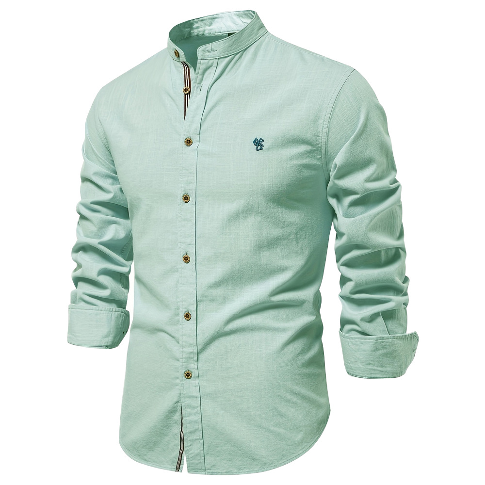 Men's long-sleeved shirt designer, trendy business shirt, men's cotton and linen casual solid color long-sleeved shirt European size: S-2XL