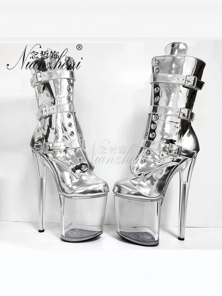 Stage Silver Shiny Surface Three-Piece Ankle Boots 20cm Crystal Catwalk Pole Dance Shoes Womens Gladiator Nightclub Round Toe 250812