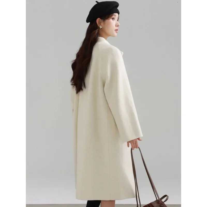 Vintage Bow Knot Double-Faced Wool Coat Women Casual Elegant Long Sleeve Overcoat Cozy and Warm Outerwear for Autumn and Winter Z250813