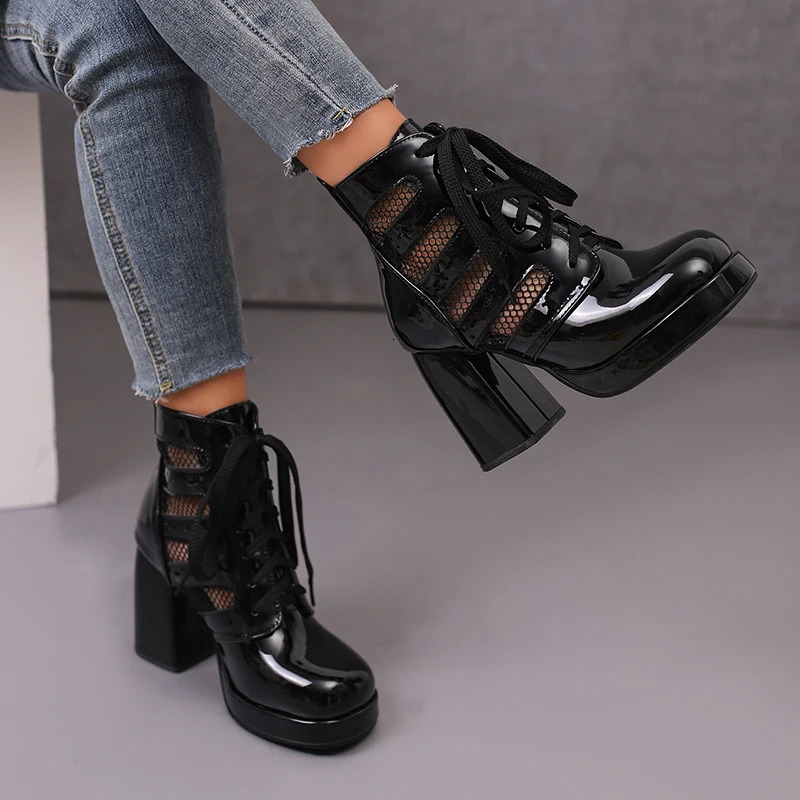 Breathable Mesh Patchwork Glossy Patent Leather Lace Up Womens Short Boots Platform Ultra-High Thick Heel Hollow Ankle Boots 250812