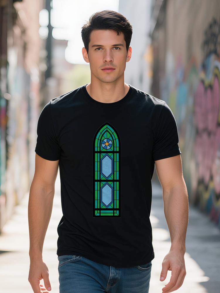 Men s Short Sleeve T Shirt with Stained Glass Arch Graphic Print Black Round Neck Tee Regular Fit Versatile Gift for