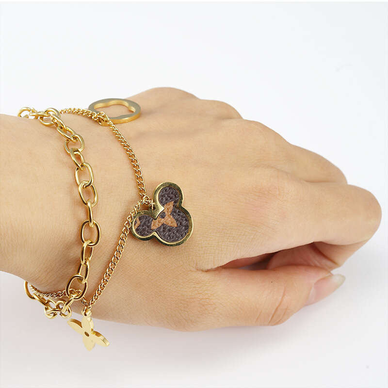 DHcollection Heart Mouse Stainless Bracelet Fashion Double Layer Chain Leather Titanium Steel Bangle