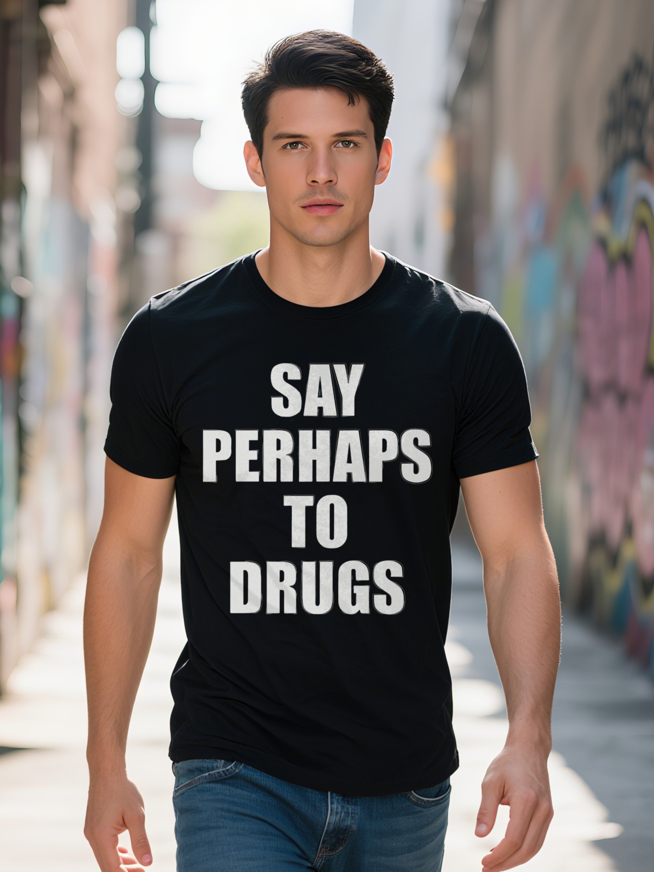 Men S Casual Round Neck T-Shirt with SAY Sometimes to Drugs Print Lightweight Summer Tee Perfect Gift for Him