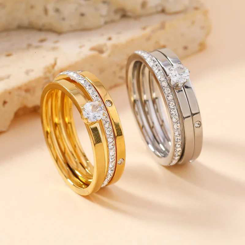 Luxury Stainless Steel Ring For Women Three-Piece Set Zircon Classic Fashion Finger Accessory Jewelry Female Gifts W250812