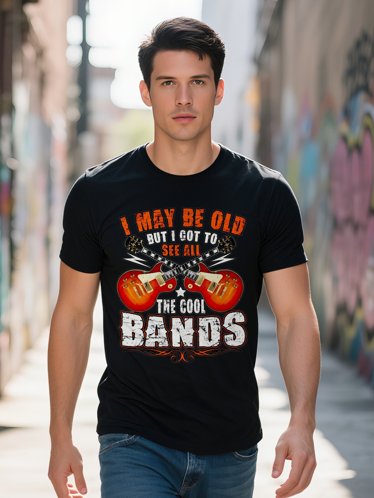 Men s Casual Graphic T Shirt May Be Old But I Got to See All the Cool Bands Print Black Round Neck Tee with Guitar 1b570