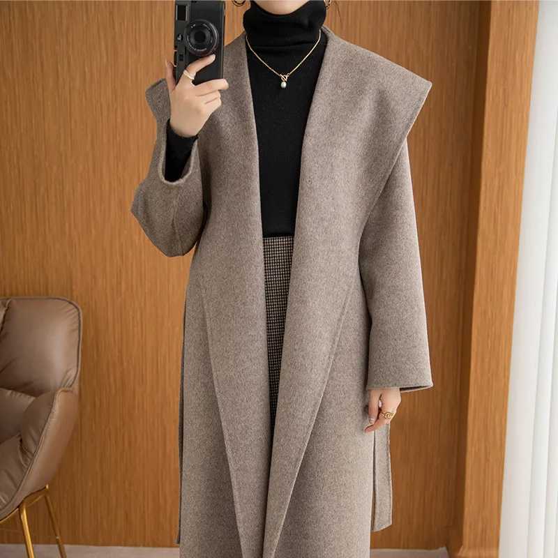 Hot Sale Women Hooded Wool Coat Pure Color Hoodie Woolen Overcoat Big Collar Jacket Cashmere Lace-up Fashion Cloak With Belt Z250813