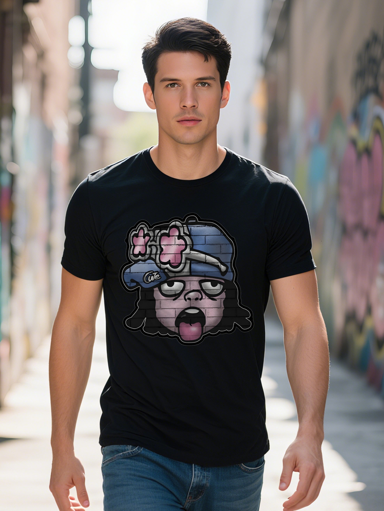 s Casual Graphic T-Shirt with Cartoon Print Black Crew Neck Tee Summer Streetwear Perfect Gift for Men