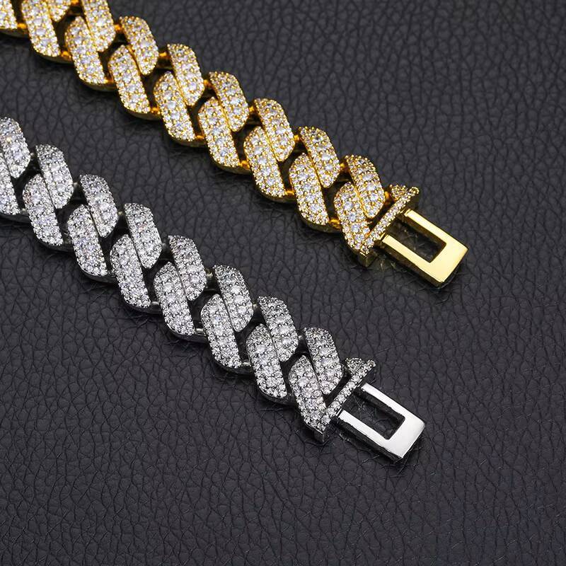 Wholesale Hip Hop Rapper Jewelry 15mm Prong Cuban Link Chain Gold Plated Iced Out 3 Row Cz Diamond Cuban Link Chains Necklaces a