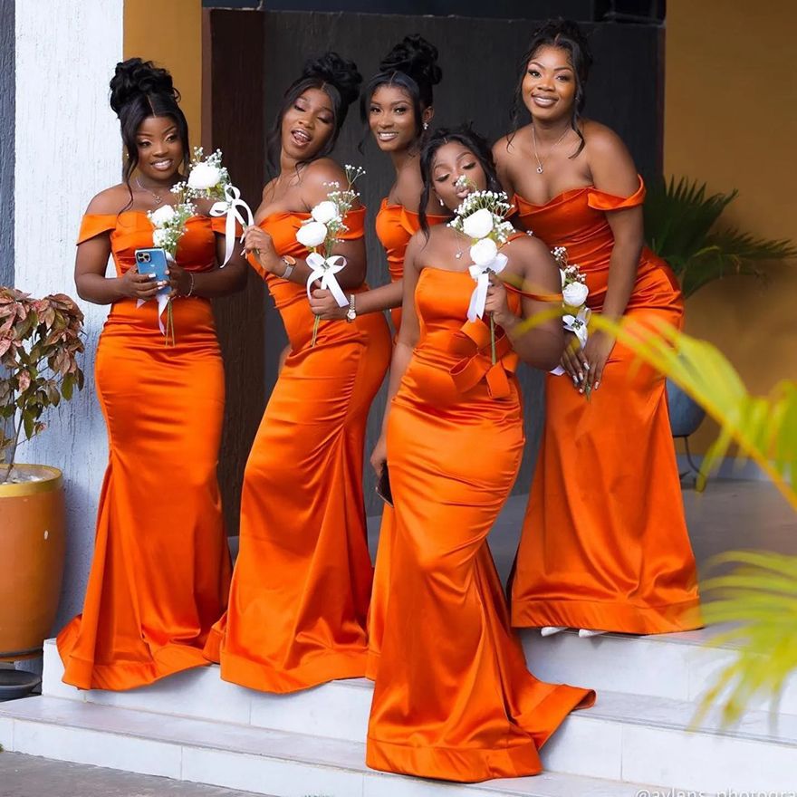 2025 South African Orange Junior Bridesmaid Mermaid Elastic Satin Sweep Train Maid Of Honor Dresses Bride Gowns For Nigeria Black Women Girls Marriage