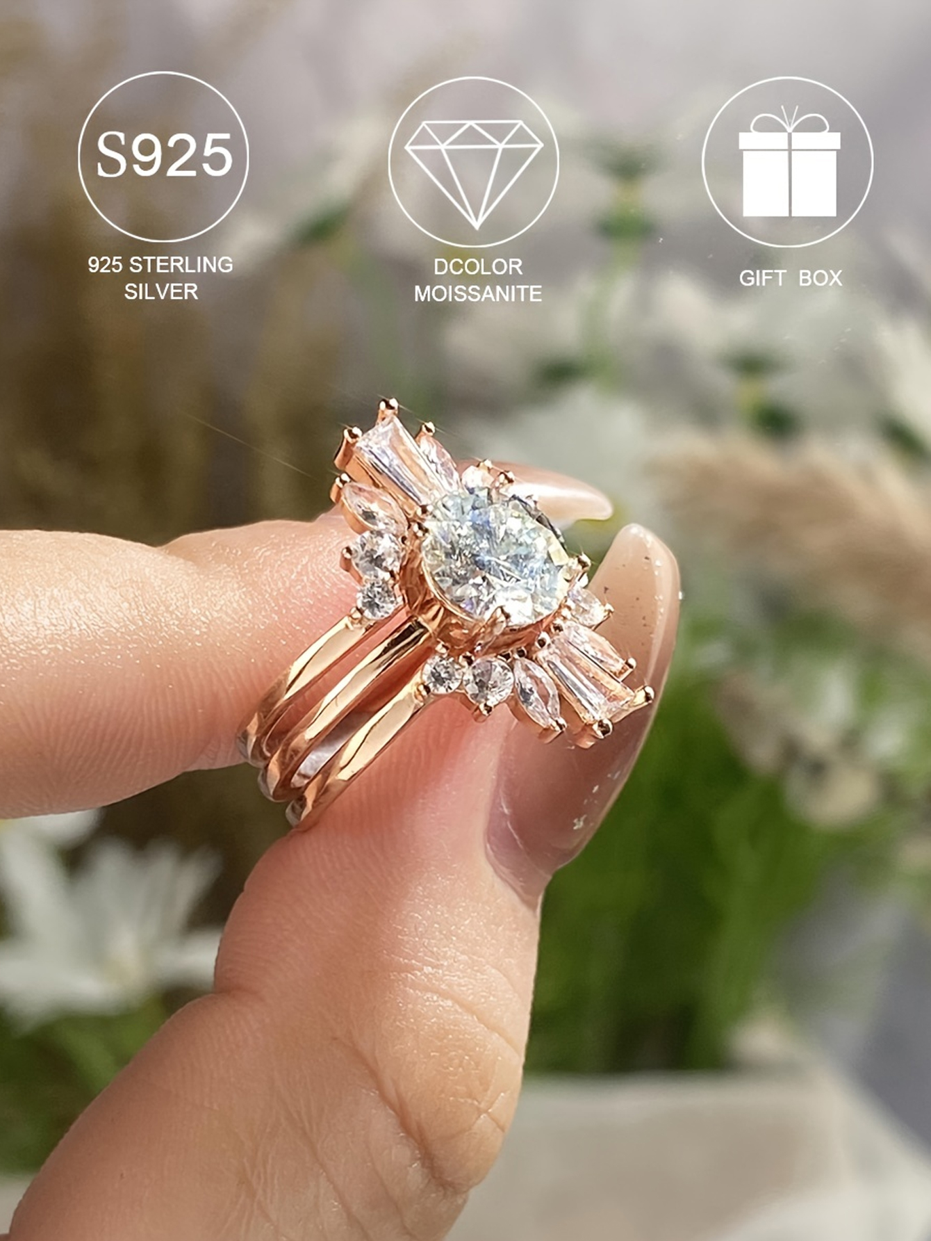 MT 14K Rose Jewelry 1 ct Round Cut Moissanite Engagement Ring Set, 3pcs/set Stackable and Detachable, Vintage Bohemian Elegant Style, Perfect for Wife