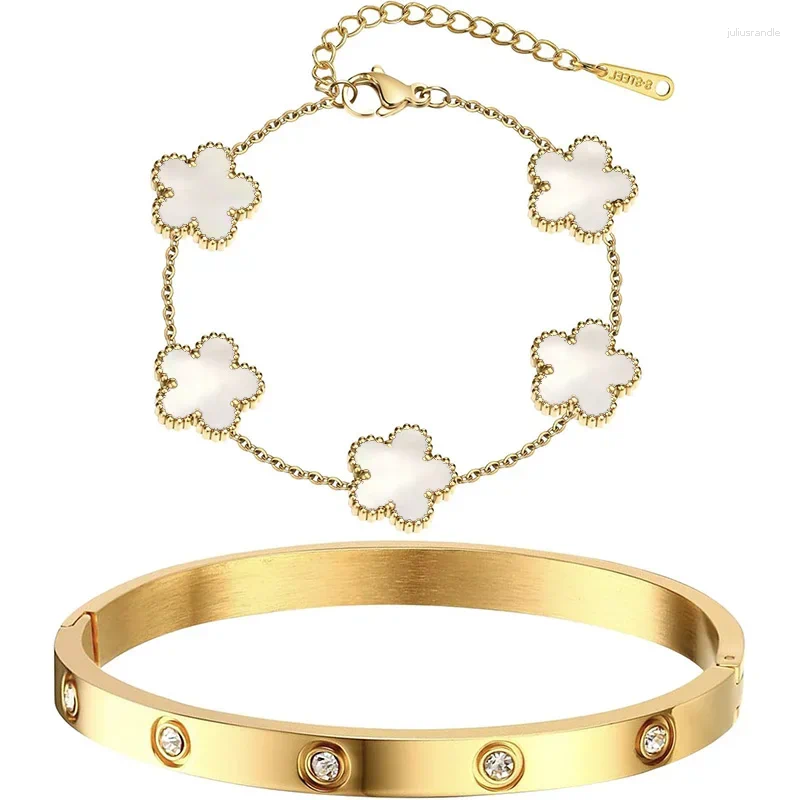 Bangle 2 Pcs Women's Stackable Gold Bracelets Jewelry Set 14K Plated Floral Non Tarnish Cubic Zirconia Luxury Gift