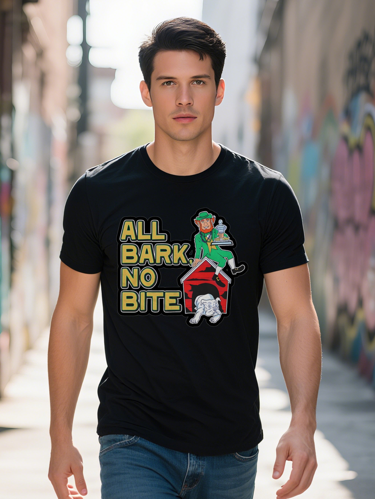 Men S Crew Neck T-Shirt with Leprechaun and House Design All Bark No Bite Text Green Red Perfect for St Patrick's Day