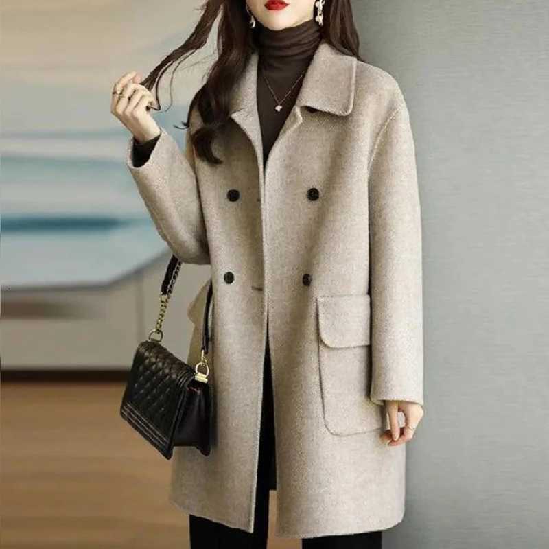 Womens Winter Overcoat Middle-Long Lapel Collar Woolen Coat Outerwear Warm Lady Overcoats Button Down Z250813