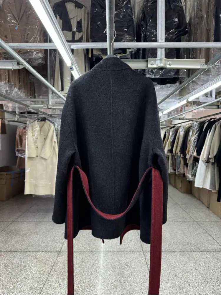 2024 Autumn and Winter Loose Lace-Up Simple Womens Wool Coats with Color-Block Stand Collar Short Office Lady Woolen Jackets Z250813