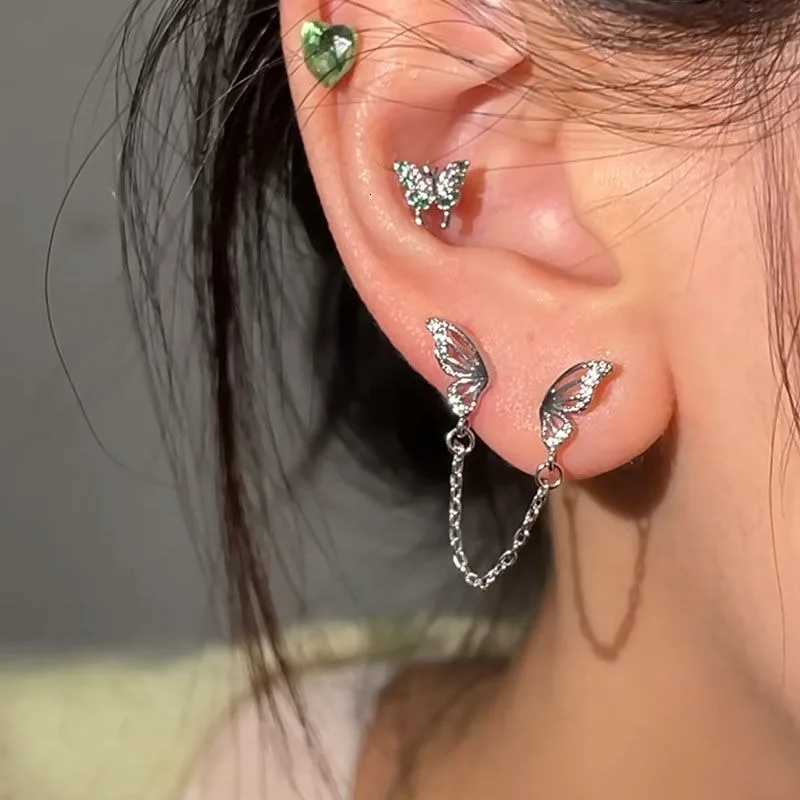 1PCS Sliver Color Butterfly Wing Chain Double Ear Hole Medical Titanium Steel Ear Bone Y2K Earring for Women Y250812